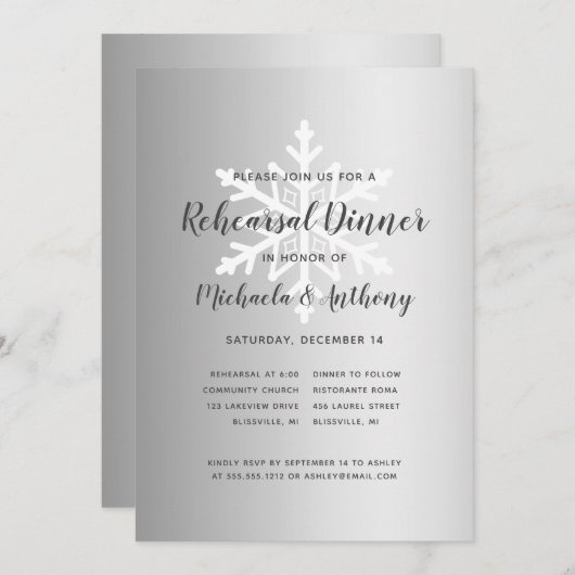 Silver Ombre Snowflake Winter Probe Dinner Einladung (Vorne/Hinten)