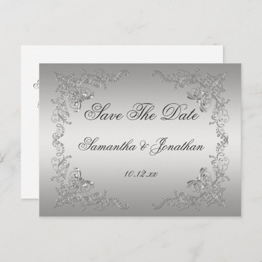 Silver Ombre Verziert Silver Wirbel Save the Date Ankündigungspostkarte (Vorne/Hinten)