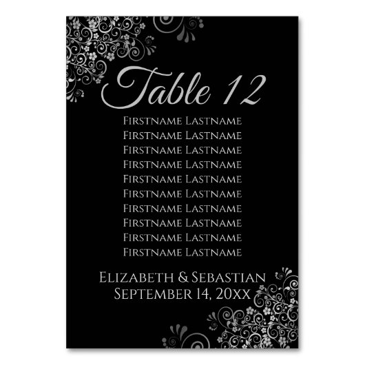 Silver on Black Elegante Wedding Seating Chart Tischnummer (Vorderseite)