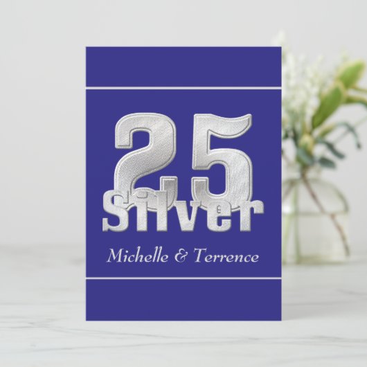 Silver on Blue 25th Wedding Anniversary Party Einladung (Stehend Vorderseite)