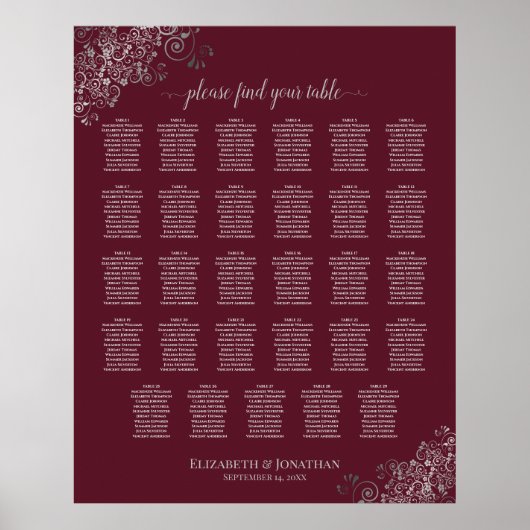 Silver on Burgundy 29 Table Wedding Seating Chart Poster (Vorne)
