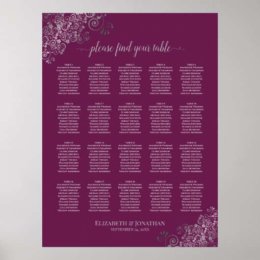Silver on Cassis 20 Table Wedding Seating Chart Poster (Vorne)