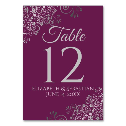 Silver on Cassis Lila Elegant Filigree Wedding Tischnummer (Rückseite)