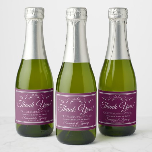 Silver on Cassis Wedding Danke Mini Flasche Schaumweinetikett (Flaschen)