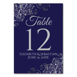 Silver on Navy Blue Elegant Filigree Wedding Tischnummer