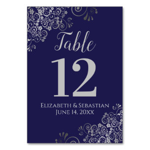 Silver on Navy Blue Elegant Frilly Wedding Tischnummer