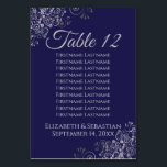 Silver on Navy Blue Elegante Wedding Seating Chart Tischnummer<br><div class="desc">Diese wunderschönen Tischnummern zeichnen sich durch ein schlichtes und dennoch elegantes Design aus, das auf einem marineblau-blauen Hintergrund mit einer fein silbernen Imitat-Folie mit floralen Filigree in den Ecken aufwartet. Jede Karte hat Platz für die Namen von 10 Gästen, sodass sie auch als Sitzplan fungieren, sodass die Gäste ihre Tische...</div>