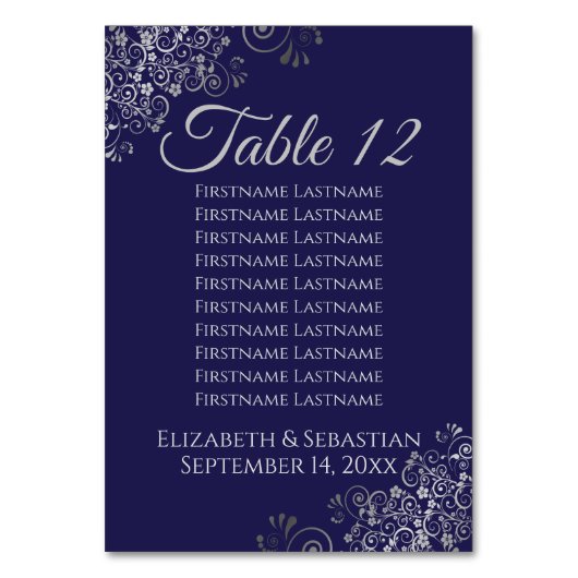 Silver on Navy Blue Elegante Wedding Seating Chart Tischnummer (Vorderseite)