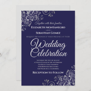 Silver on Navy Blue Simple Elegante Wedding Einladung