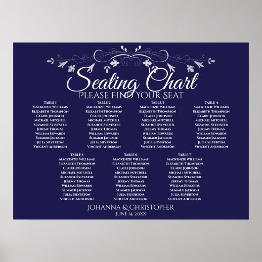 Silver on Navy Chic 7 Table Wedding Chart Poster (Vorne)