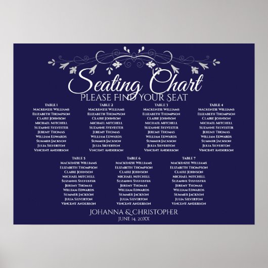 Silver on Navy Chic 7 Table Wedding Chart Poster (Vorne)