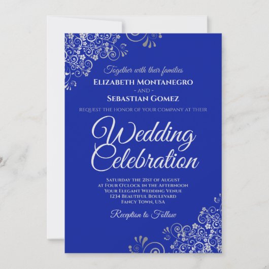 Silver on Royal Blue Simple Elegante Wedding Einladung (Vorderseite)
