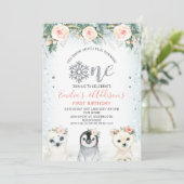 Silver One Twins Wintertiere 1. Geburtstag Einladung (Stehend Vorderseite)