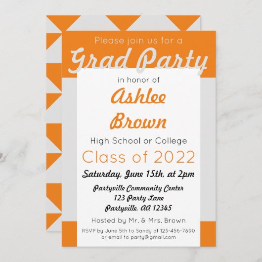 Silver Orange Grad Party Fett Abschluss Einladung (Vorne/Hinten)