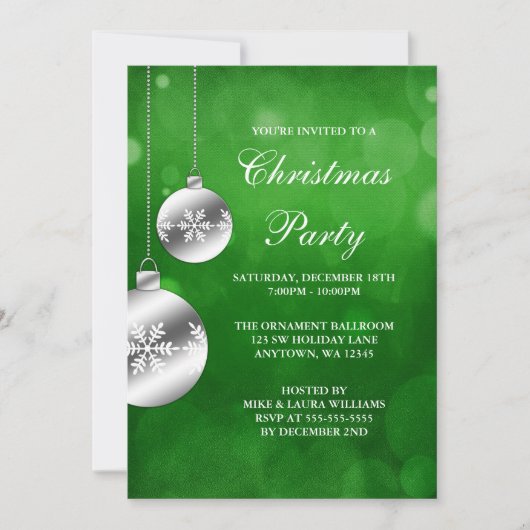 Silver Ornaments Green Bokeh Weihnachtsfest Party Einladung (Vorderseite)