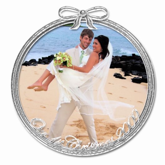 Silver Our First Christmas Ornament Fotoskulptur Ornament (Vorne)