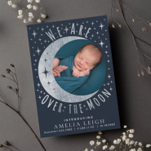 Silver Over Moon Foto Birth Announcement Card