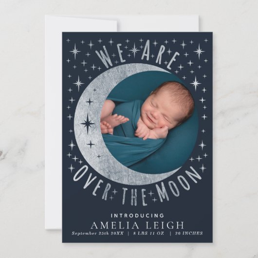 Silver Over Moon Foto Birth Announcement Card Einladung (Vorderseite)