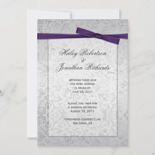 Silver Overlay Lila Ribbon Bow Post Wedding Einladung (Vorderseite)
