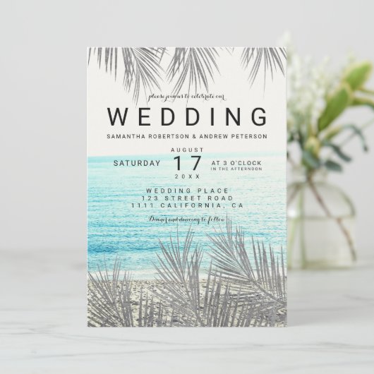 Silver Palm elegante Beach Foto Hochzeit Einladung (Stehend Vorderseite)