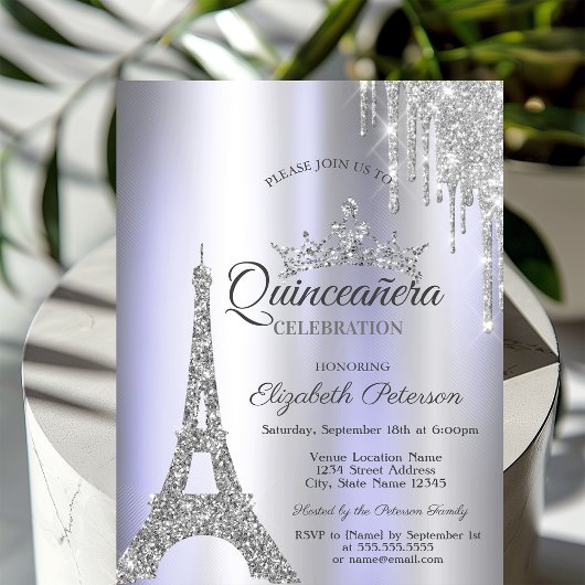 Silver Paris Eiffel Tower, Tropfen Violet Quinceañ Einladung