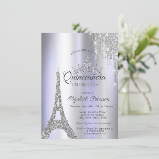 Silver Paris Eiffel Tower, Tropfen Violet Quinceañ Einladung (Stehend Vorderseite)