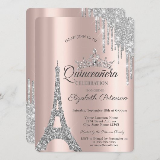 Silver Paris Eiffel Tower, Tropfens Quinceañera Einladung (Vorne/Hinten)