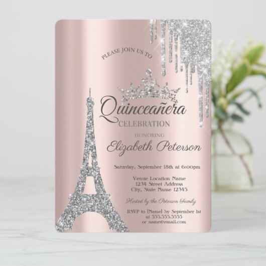 Silver Paris Eiffel Tower, Tropfens Quinceañera Einladung (Stehend Vorderseite)