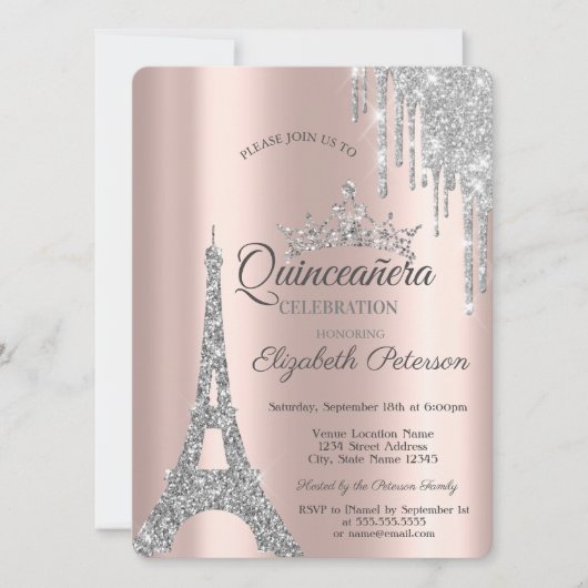 Silver Paris Eiffel Tower, Tropfens Quinceañera Einladung (Vorderseite)