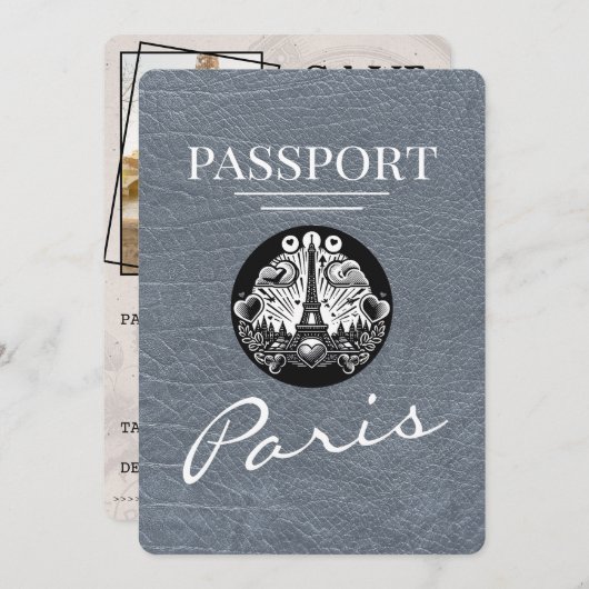 Silver Paris Passport Save the Date (Vorne/Hinten)