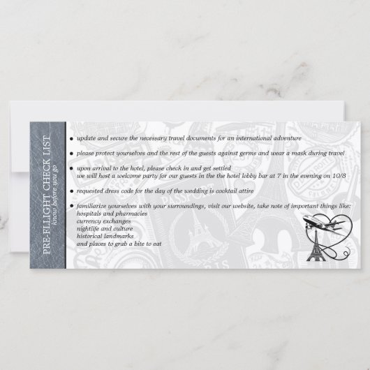 Silver Paris Wedding Boarding Pass Einladung (Rückseite)