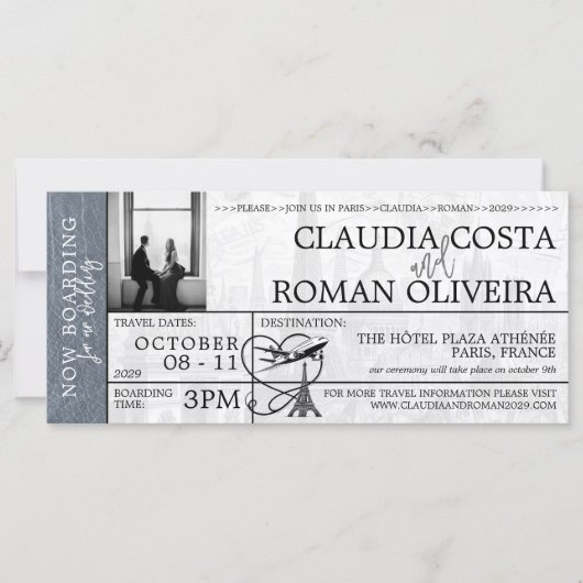 Silver Paris Wedding Boarding Pass Einladung (Vorderseite)