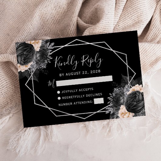 Silver Peach Black Floral Geometric RSVP Karte
