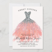 Silver Peach Glitzer Kleid Sweet 16. Geburtstag Einladung (Vorderseite)