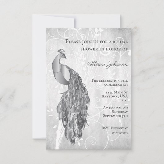 Silver Peacock Bridal Dusche Einladung (Vorderseite)