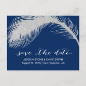 Silver Peacock Feather Navy Blue Save the Date Ankündigungspostkarte (Vorderseite)