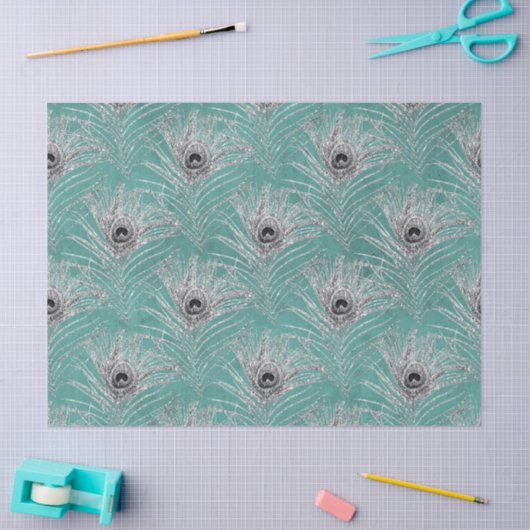 Silver Peacock Federn auf Aquamariner Decoupage Seidenpapier (Basteln)