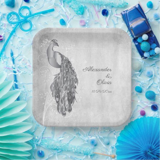 Silver Peacock Polterabend Paper-Teller Pappteller (Party)