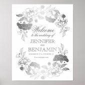 Silver Peonies Elegant Wreath Wedding Welcome Sign Poster (Vorne)