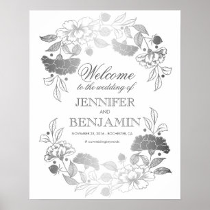 Silver Peonies Elegant Wreath Wedding Welcome Sign Poster