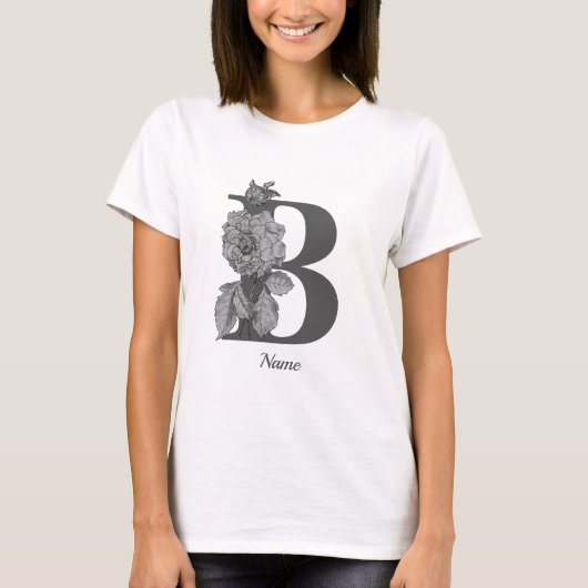Silver Peony Elegant Monogram Initial B Name T-Shirt (Vorderseite)