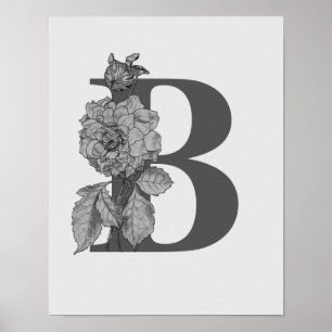 Silver Peony Elegant Monogram Initial B Poster