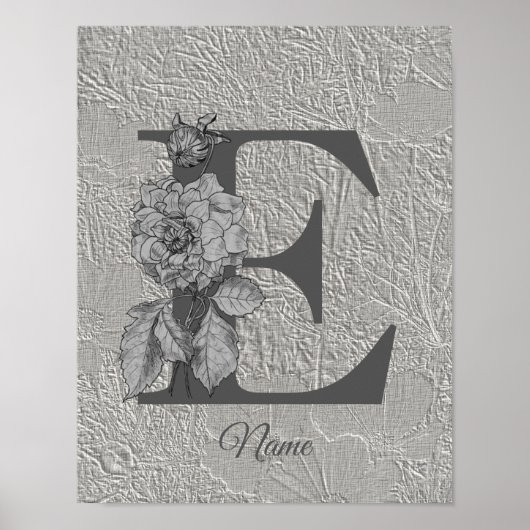 Silver Peony Elegant Monogram Initial E Your Name Poster (Vorne)