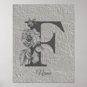 Silver Peony Elegant Monogram Initial F Your Name Poster