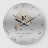 Silver Peony Mattiert Glass Wedding Jubiläum Große Wanduhr (Vorderseite)