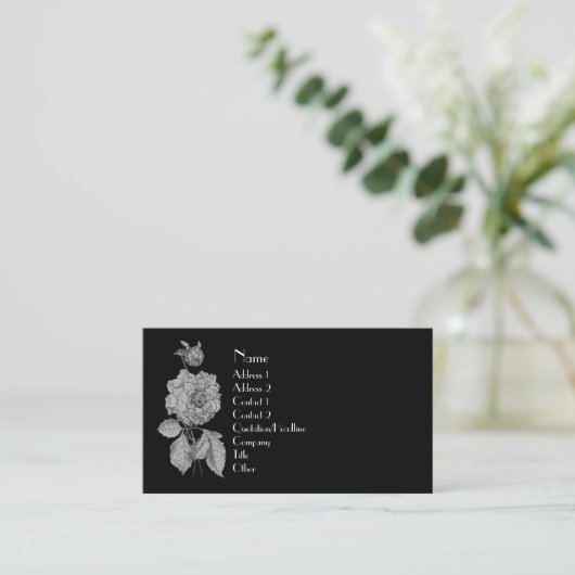 Silver Peony on Black Elegante Floral Business Car Visitenkarte (Stehend Vorderseite)