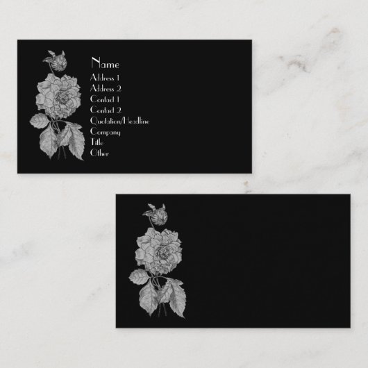 Silver Peony on Black Elegante Floral Business Car Visitenkarte (Vorne/Hinten)