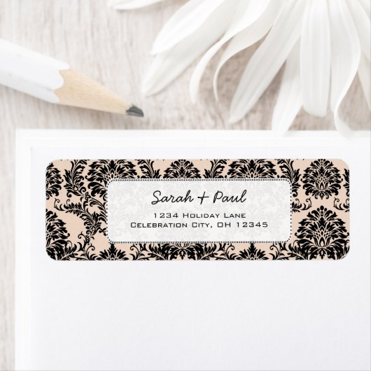 Silver Peony Vintag Black Damask Rücksendeadresse (Insitu)