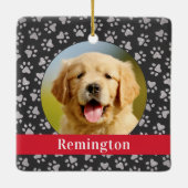 Silver Pet Paw Druckt Red Custom Dog Name Foto Keramikornament (Rückseite)