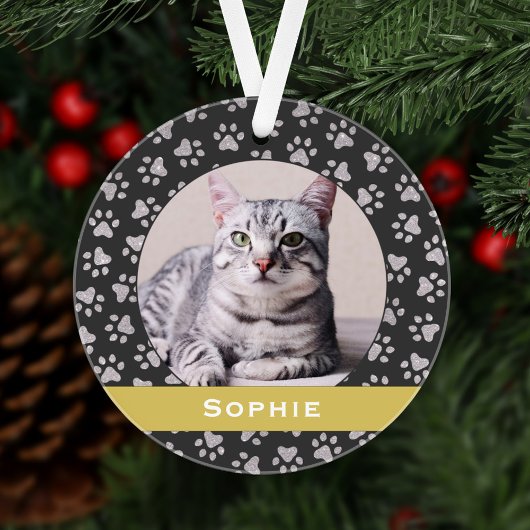 Silver Pet Paw Prints Gold Custom Cat Name Foto Ornament